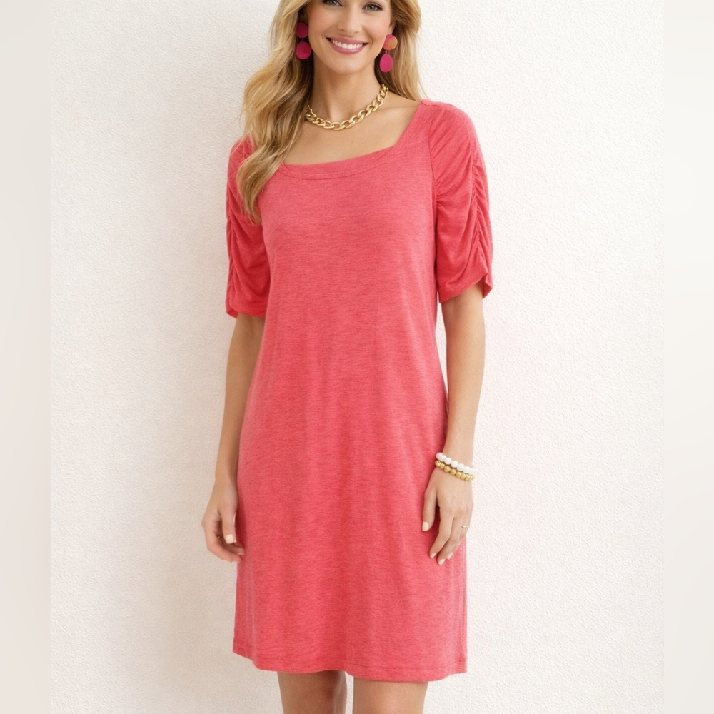 Lilly Pulitzer Coral Pink Pima Cotton Ruched Sleeve T-Shirt Dress Medium